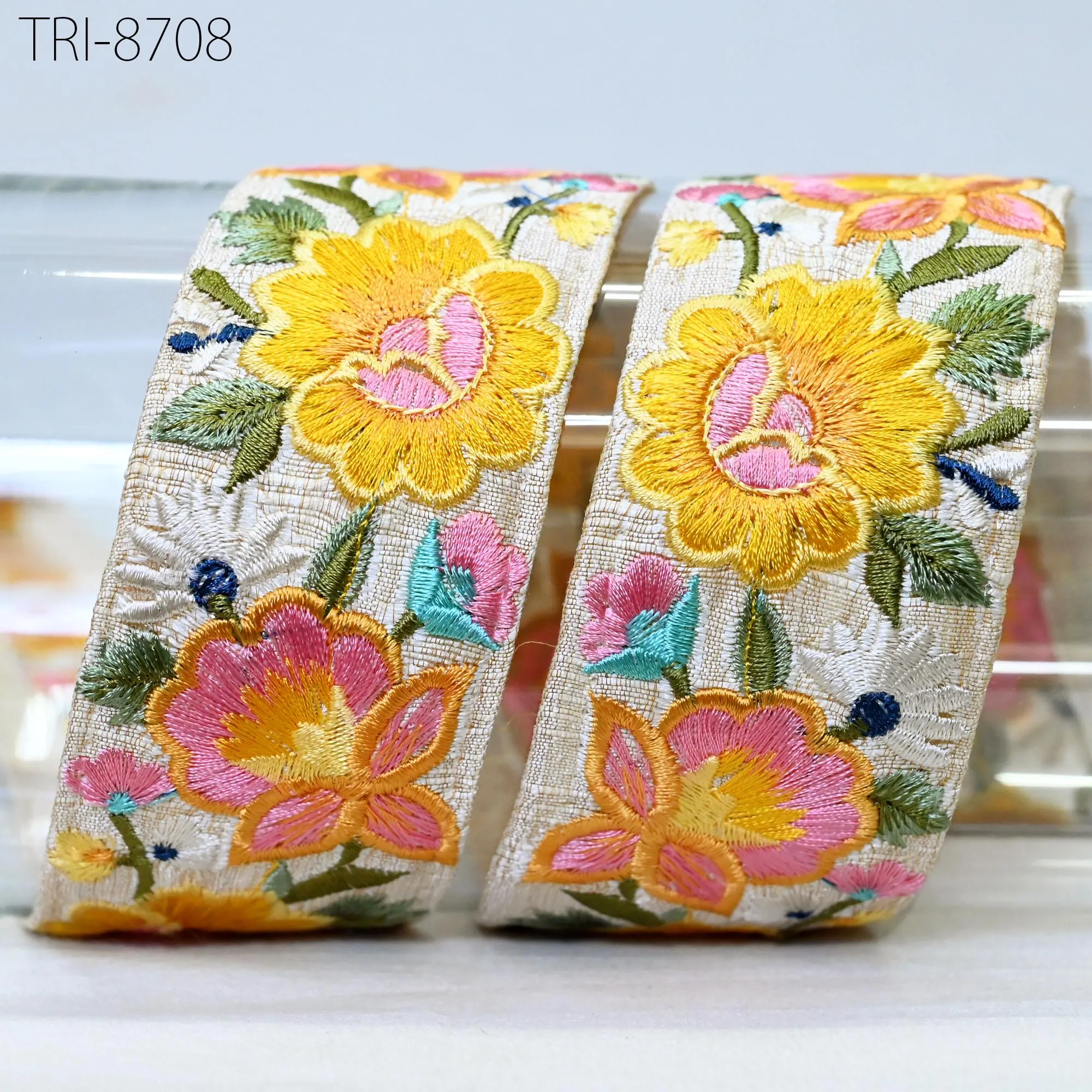 9 Yard Embroidery 5cm Ribbon Yellow Trim Tape Embellish Embroidered Saree Border Costume Crafting Sewing Beach Bags Tote Pouche Wall Hanging