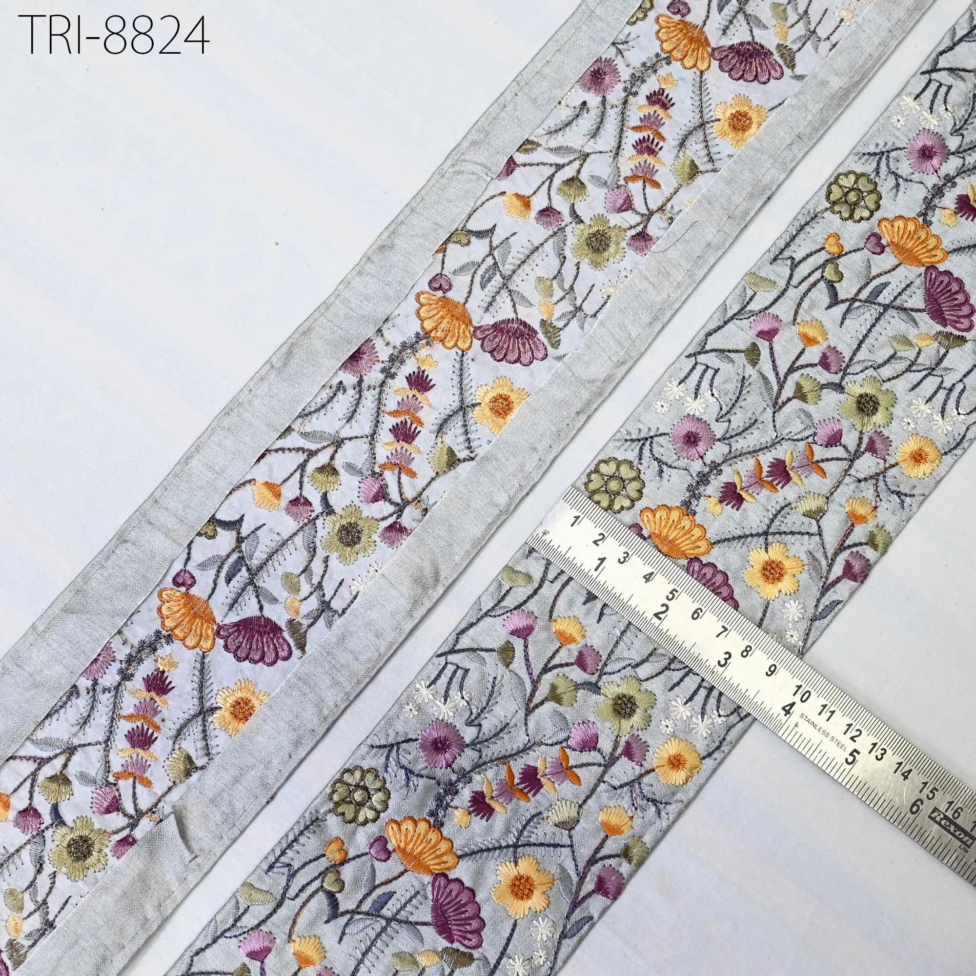 9 Yard Grey 95mm Embroidery Ribbons Embroidered Saree Border Trim Crafting Sewing Accessories for Beach Bags, Hats, Costumes Christmas Decor