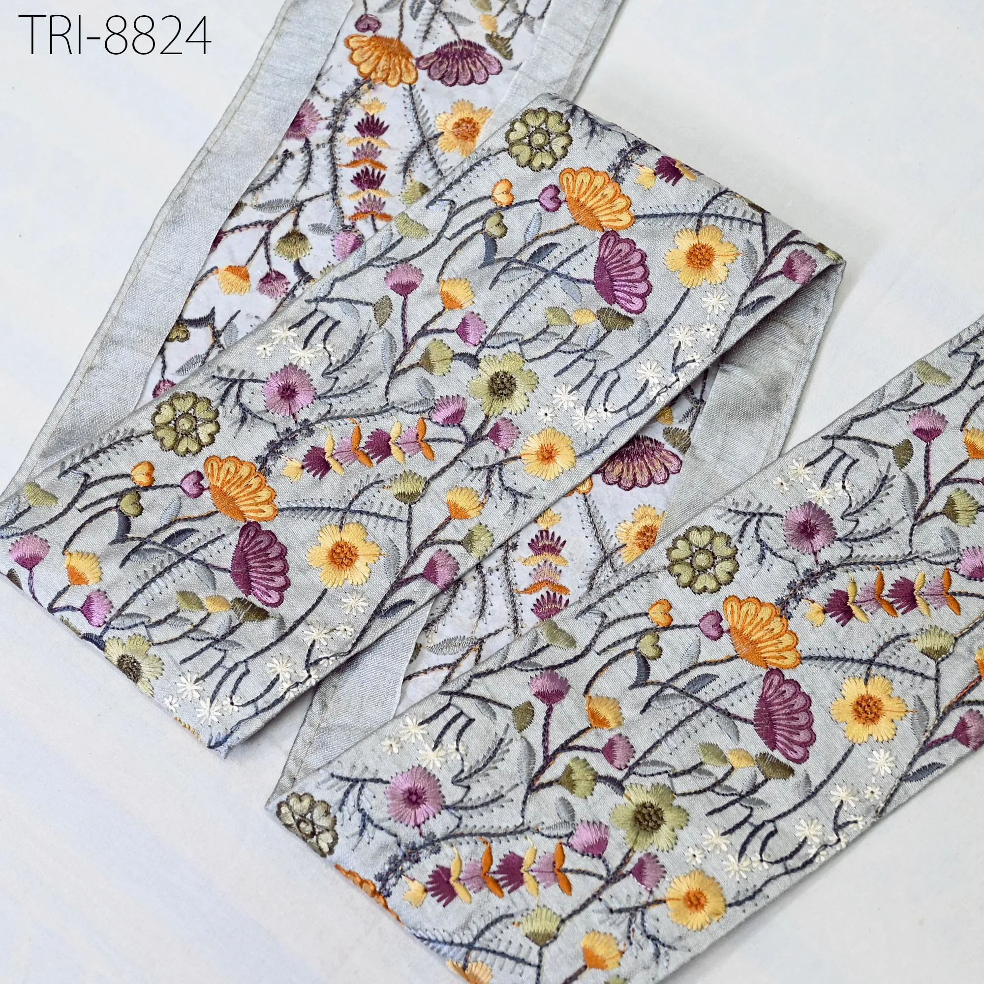 9 Yard Grey 95mm Embroidery Ribbons Embroidered Saree Border Trim Crafting Sewing Accessories for Beach Bags, Hats, Costumes Christmas Decor