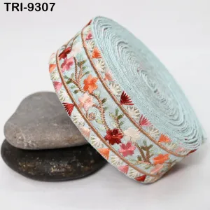 9 Yard Ice Blue Embroidery Ribbon 4cm Trim Embellishment Sari Sewing DIY Crafting Border Indian Embroidered Trimmings Laces Junk Journals