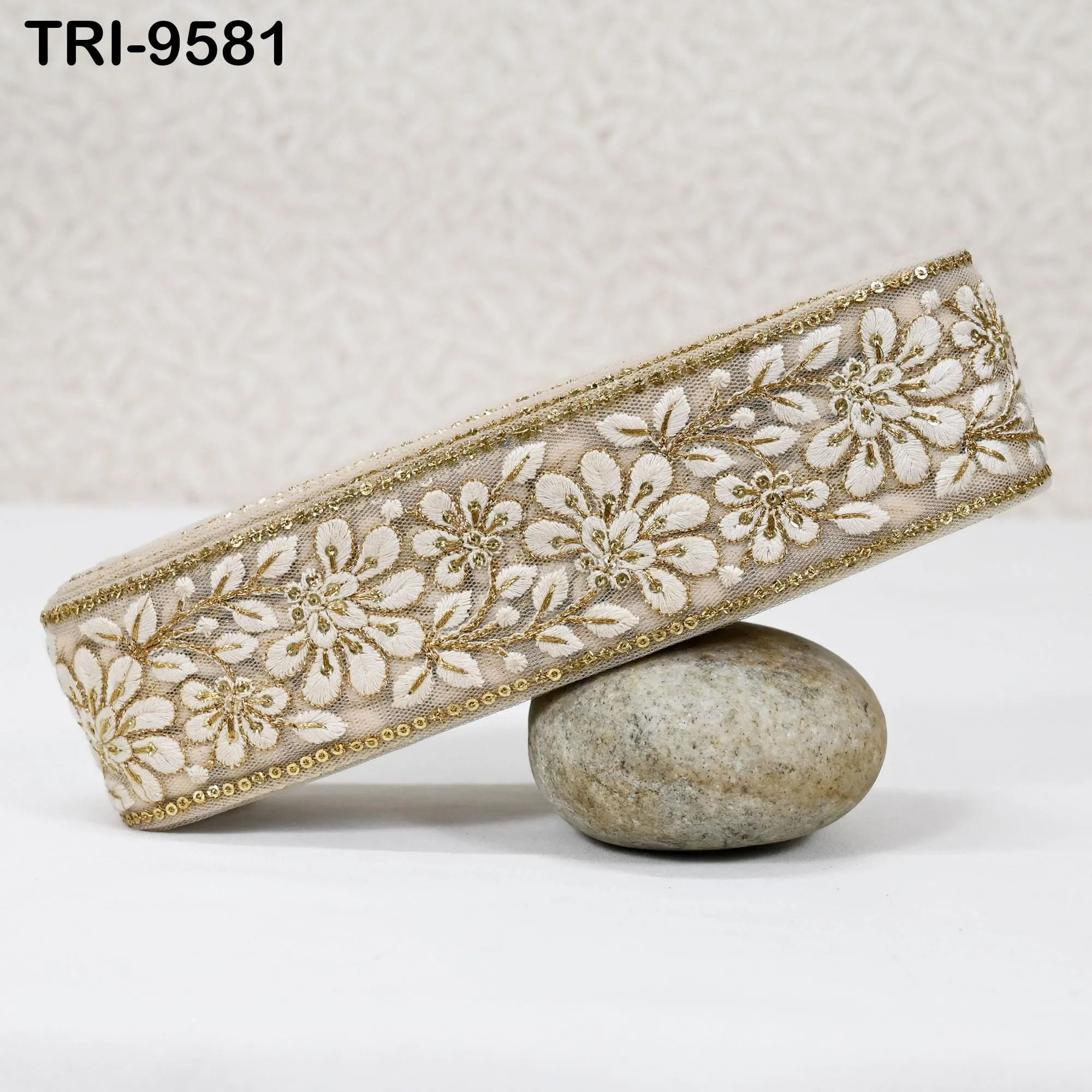 9 Yard Indian Embroidery 5cm Trim Embroidered Saree Ribbon Sari Embellishments Sewing DIY Crafting Trimmings Curtains Headbands Border Beige