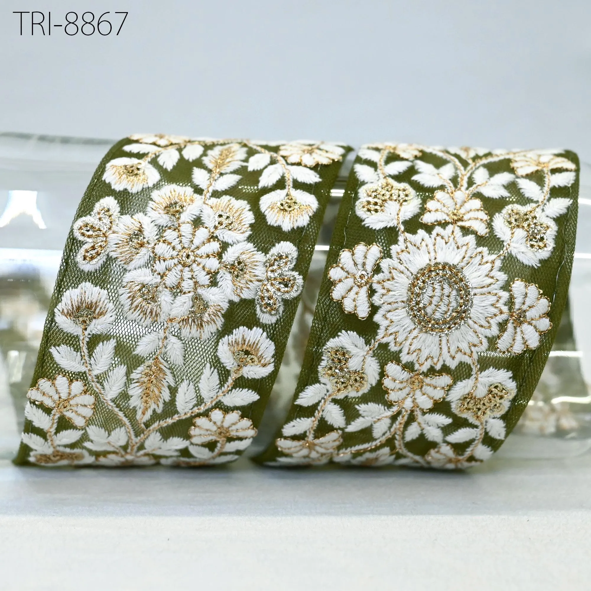9 Yard Indian Green Embroidered Net Fabric Trim 6 cm Ribbon Embellishment Cushion DIY Sewing Sari Border Wedding Saree Tape Embroidery Dress