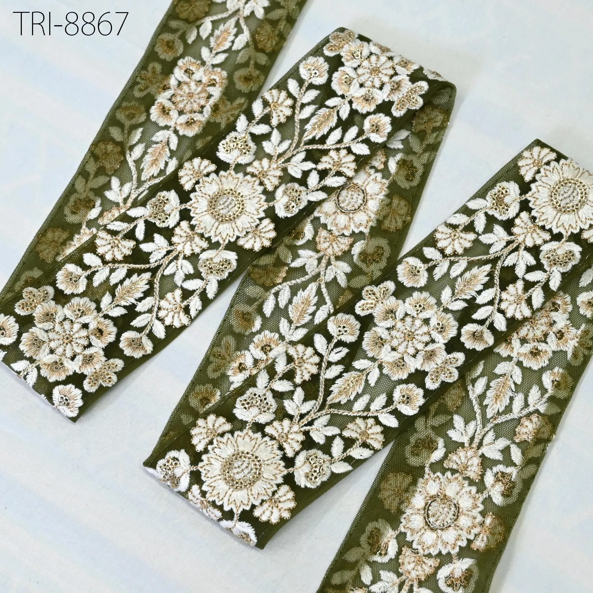 9 Yard Indian Green Embroidered Net Fabric Trim 6 cm Ribbon Embellishment Cushion DIY Sewing Sari Border Wedding Saree Tape Embroidery Dress
