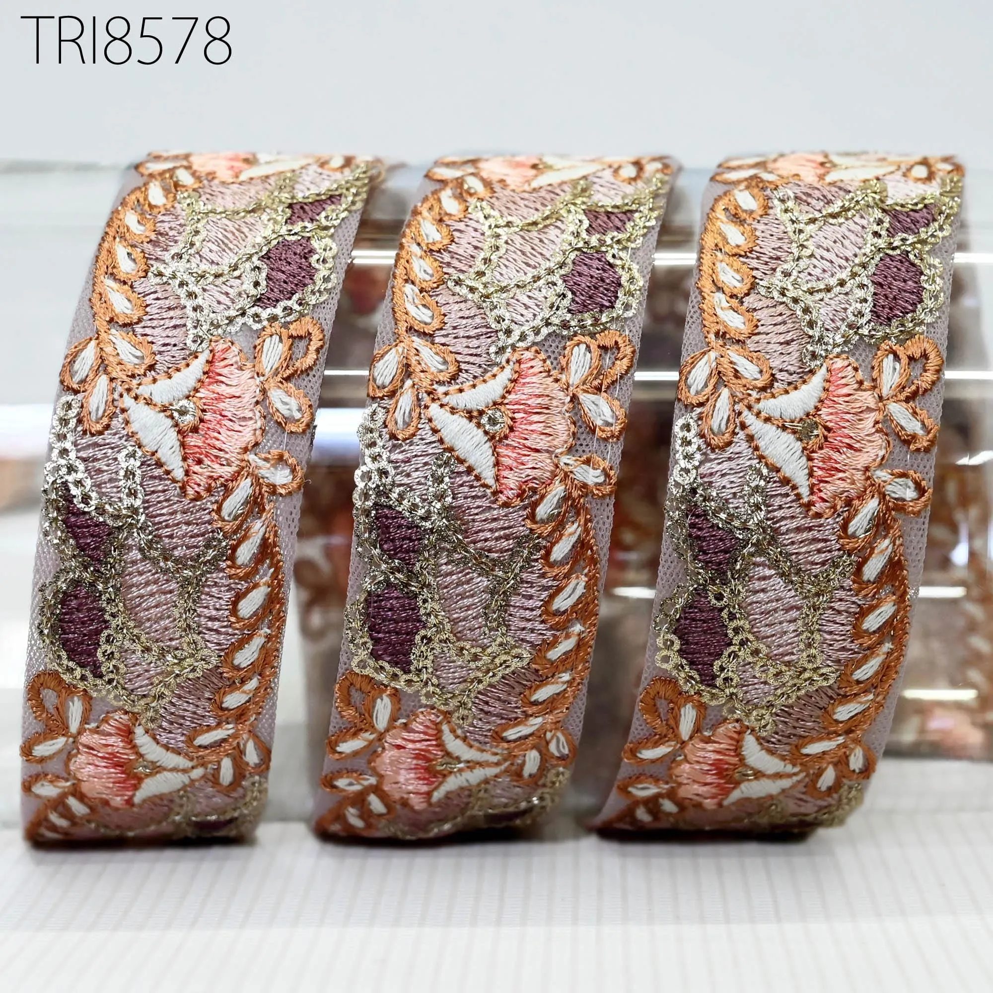 9 Yard Mauve Embroidery 3 CM Ribbon Indian Trim Sari Border DIY Crafting Sewing Fabric Embroidered Decorative Curtain Home Decor Lace