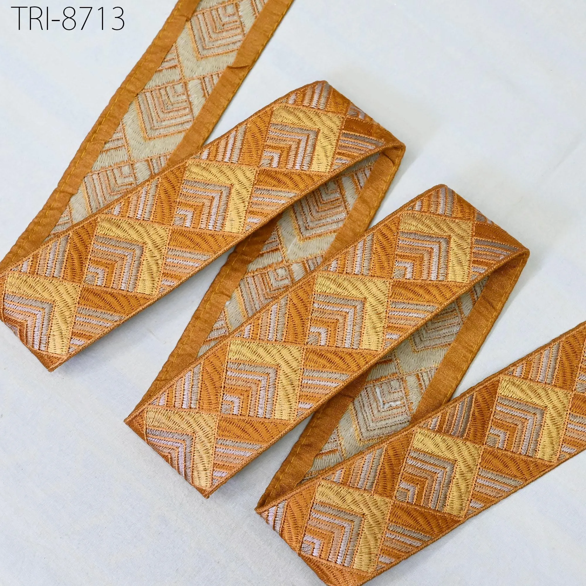 9 Yard Mustard 5cm Embroidery Ribbon Trims Saree Border Embroidered Embellish Costumes Crafting Sewing Beach Bags Tote Pouche Wall Hangings