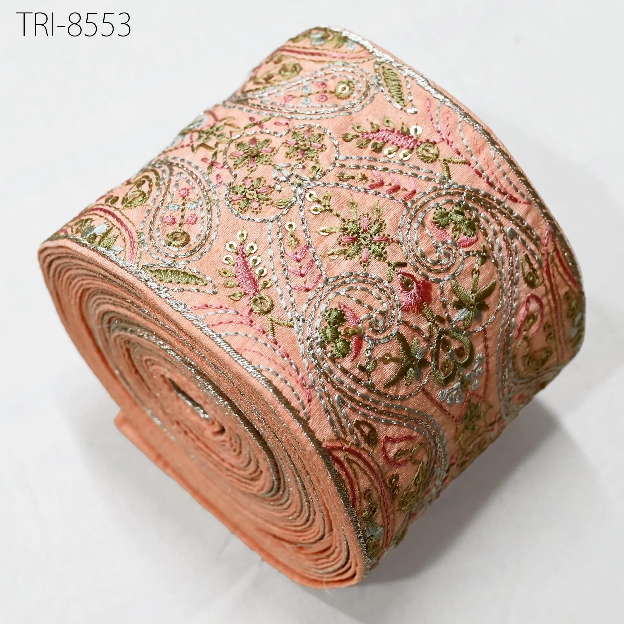 9 Yard Peach Embroidered 10cm Trim Indian Embroidery Ribbons Laces Sari Border Saree DIY Crafting Beach Bag Decorative Fabric Trimming Tape