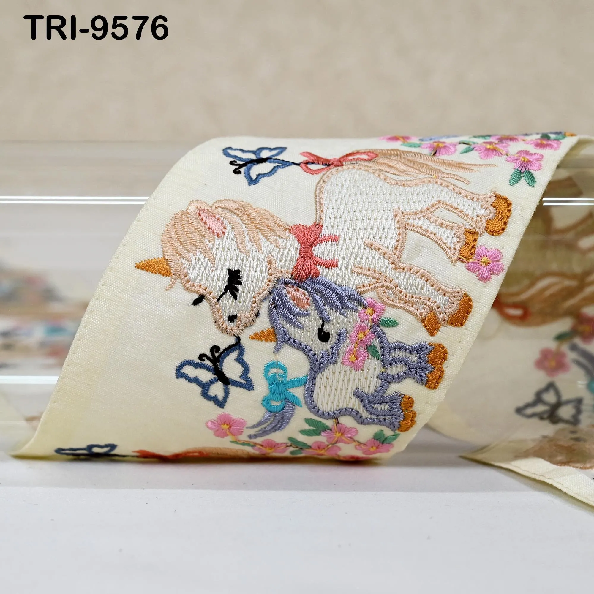 9 Yard Unicorn Embroidery Ribbon 8cm Indian Embroidered Fabric Trim Laces Sari Border Sewing Kids Accessory Junk Journals DIY Crafting Ivory