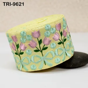 9 Yard Yellow Floral Embroidery Ribbon Indian Sari Border Embroidered Crafting Sewing Junk Journals Kids Costume Home Decor Trimming 7.62 cm