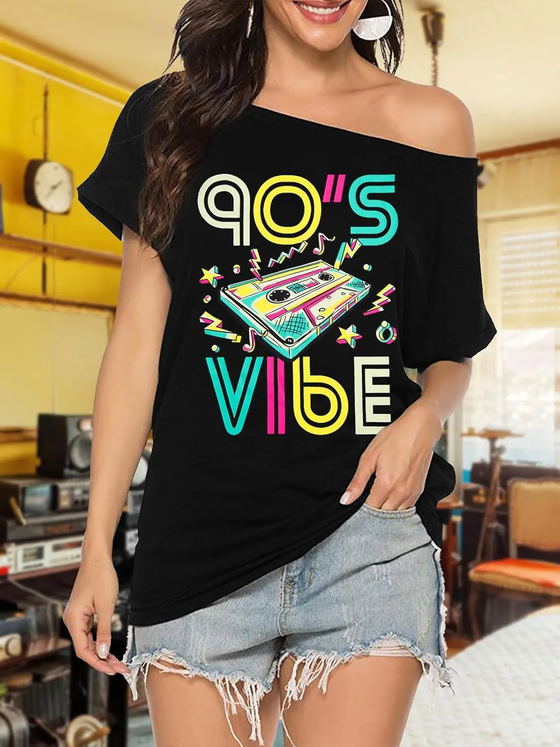 90s 80s Outfit for Women 80's Theme Party Disco Shirt Off The Shoulder Tops Vintage 90s Neon Off Shoulder Top