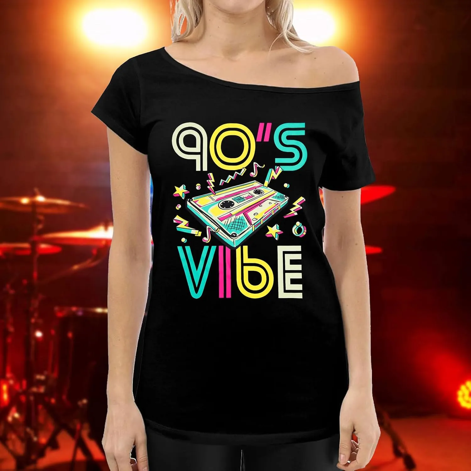 90s 80s Outfit for Women 80's Theme Party Disco Shirt Off The Shoulder Tops Vintage 90s Neon Off Shoulder Top