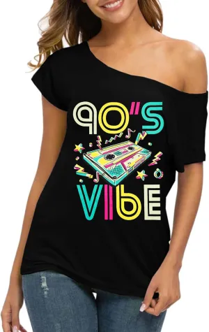 90s 80s Outfit for Women 80's Theme Party Disco Shirt Off The Shoulder Tops Vintage 90s Neon Off Shoulder Top