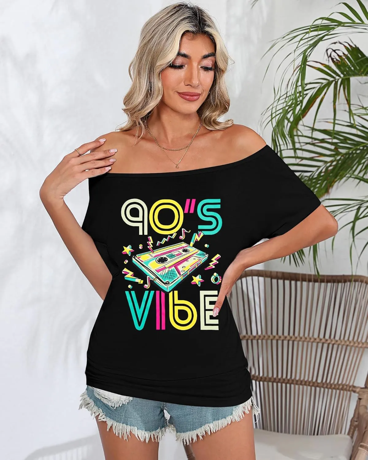 90s 80s Outfit for Women 80's Theme Party Disco Shirt Off The Shoulder Tops Vintage 90s Neon Off Shoulder Top