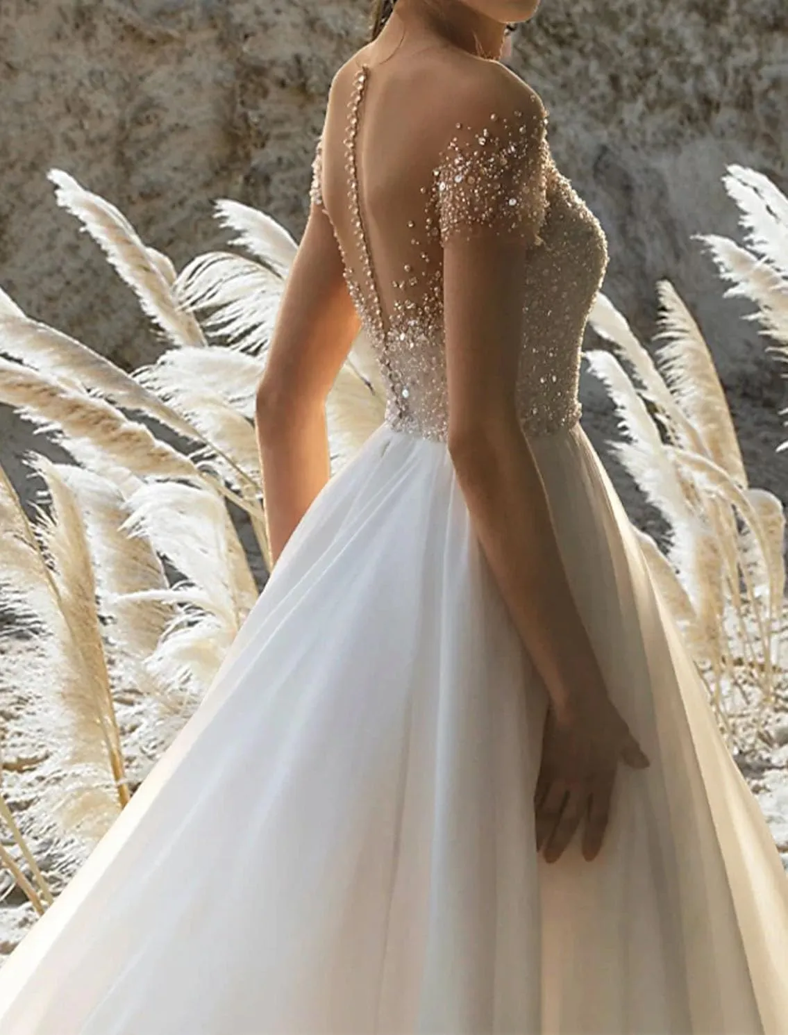 A-Line Sexy Sparkle&Shine Formal Wedding Dress Off Shoulder Court Train Short Sleeve Beach Bridal Gown Beading 2024