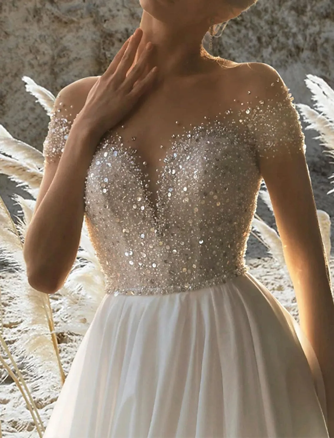A-Line Sexy Sparkle&Shine Formal Wedding Dress Off Shoulder Court Train Short Sleeve Beach Bridal Gown Beading 2024