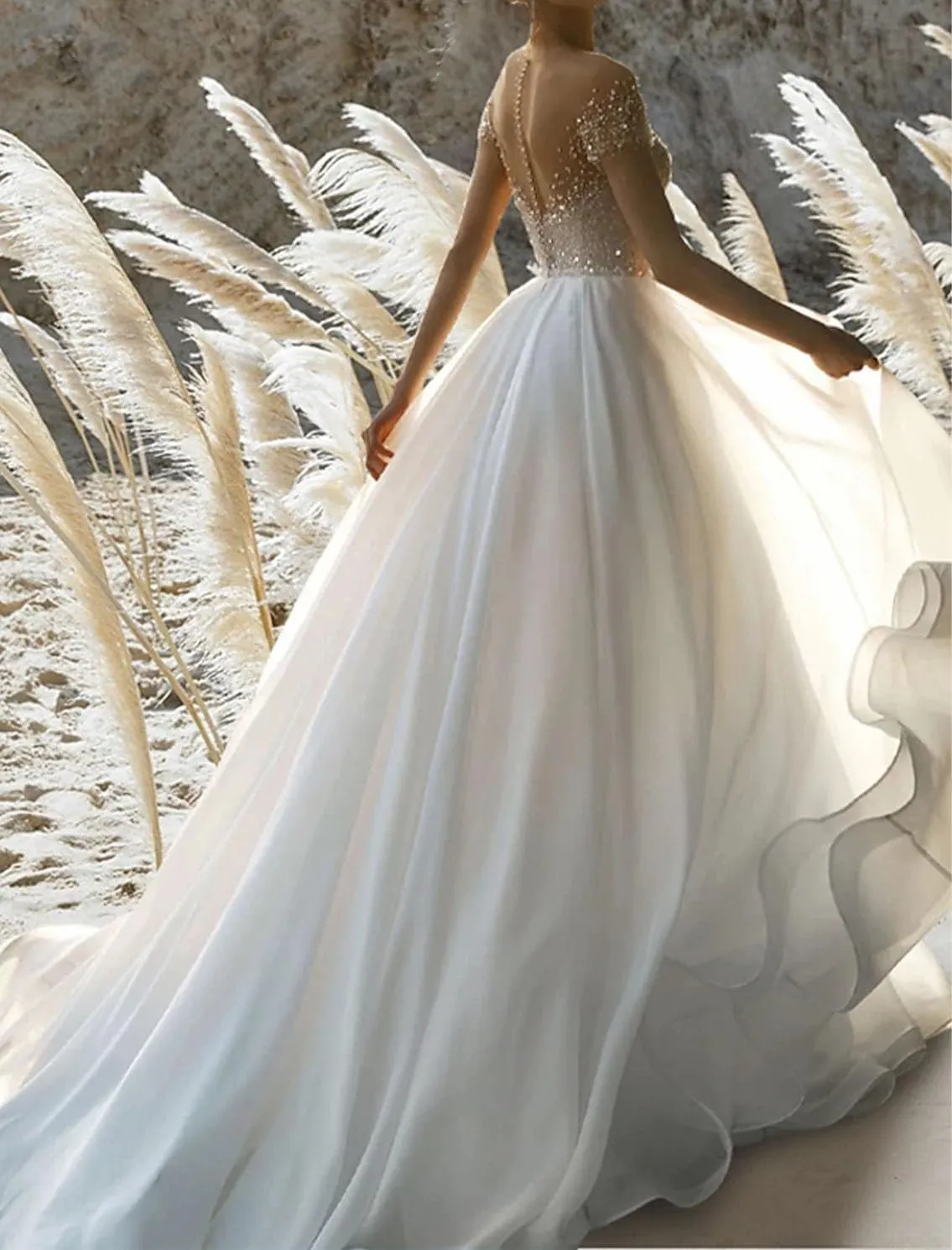 A-Line Sexy Sparkle&Shine Formal Wedding Dress Off Shoulder Court Train Short Sleeve Beach Bridal Gown Beading 2024
