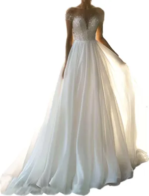 A-Line Sexy Sparkle&Shine Formal Wedding Dress Off Shoulder Court Train Short Sleeve Beach Bridal Gown Beading 2024