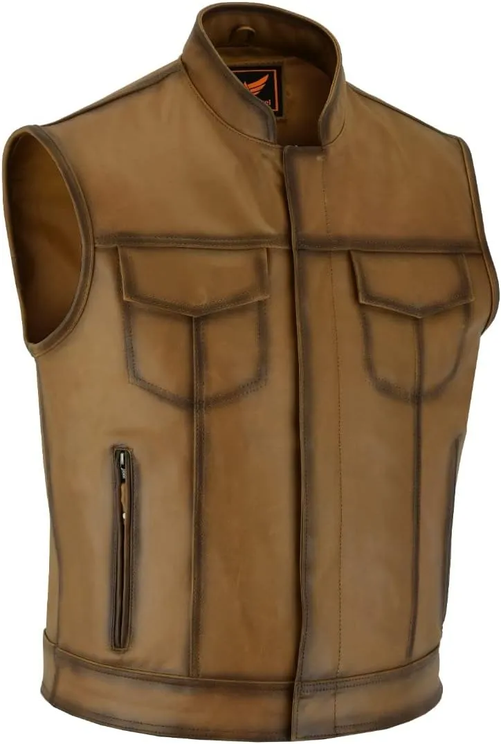 A&H Apparel Mens Top Grain Cowhide Distressed Motorcycle Vintage Leather Vest With Gun Pockets
