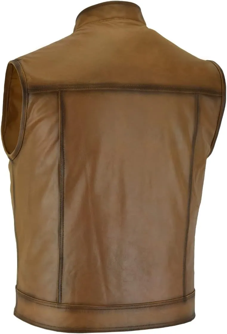 A&H Apparel Mens Top Grain Cowhide Distressed Motorcycle Vintage Leather Vest With Gun Pockets
