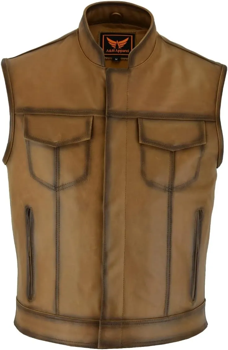 A&H Apparel Mens Top Grain Cowhide Distressed Motorcycle Vintage Leather Vest With Gun Pockets