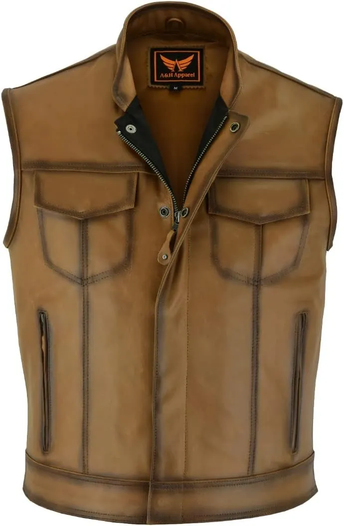 A&H Apparel Mens Top Grain Cowhide Distressed Motorcycle Vintage Leather Vest With Gun Pockets