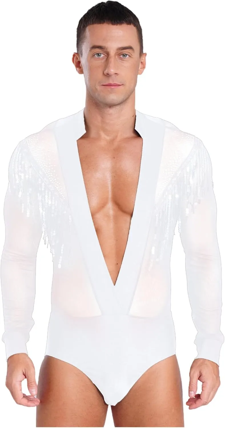 ACSUSS Men's Latin Dance Leotard Sheer Mesh Patchwork Long Sleeve Bodysuit Ballroom Salsa Samba Shirt