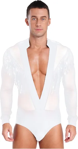 ACSUSS Men's Latin Dance Leotard Sheer Mesh Patchwork Long Sleeve Bodysuit Ballroom Salsa Samba Shirt