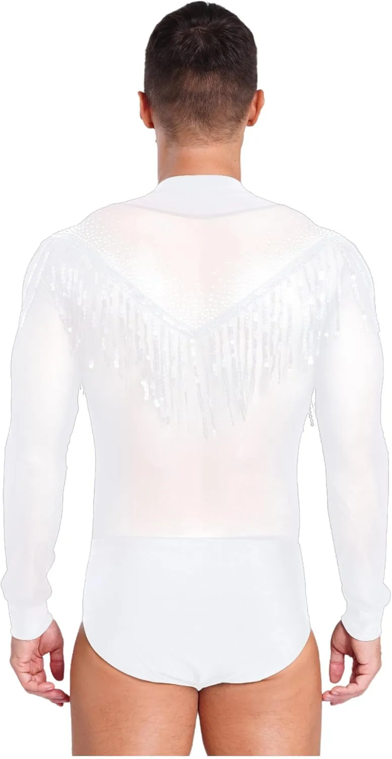 ACSUSS Men's Latin Dance Leotard Sheer Mesh Patchwork Long Sleeve Bodysuit Ballroom Salsa Samba Shirt