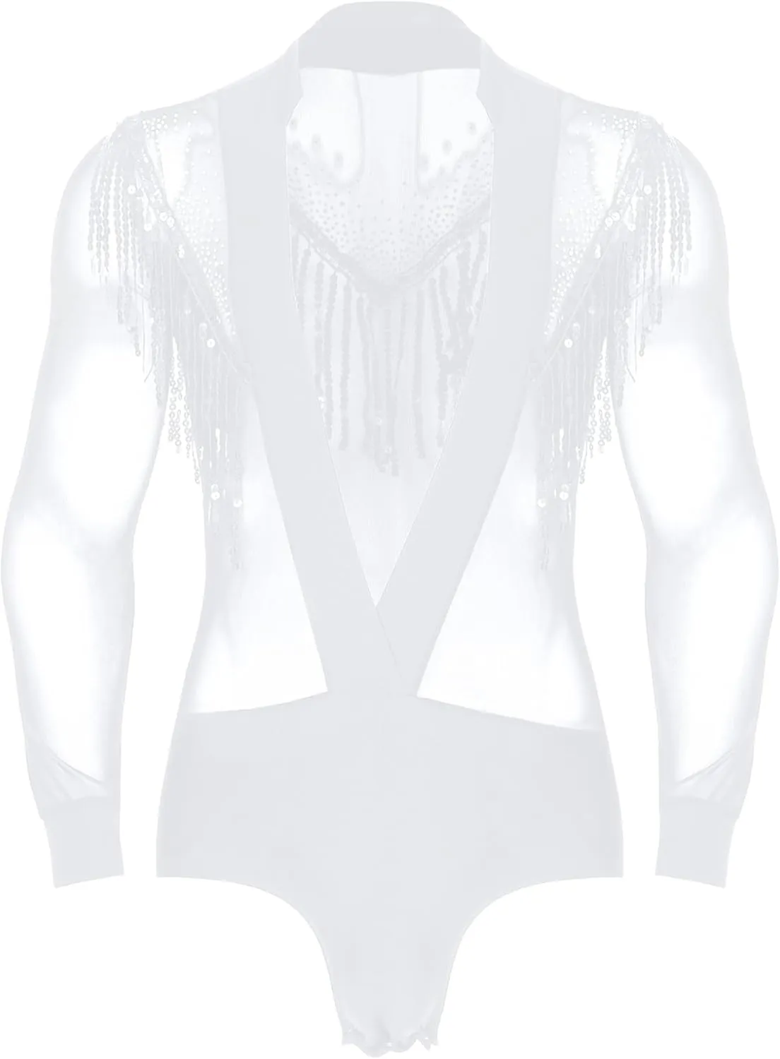 ACSUSS Men's Latin Dance Leotard Sheer Mesh Patchwork Long Sleeve Bodysuit Ballroom Salsa Samba Shirt