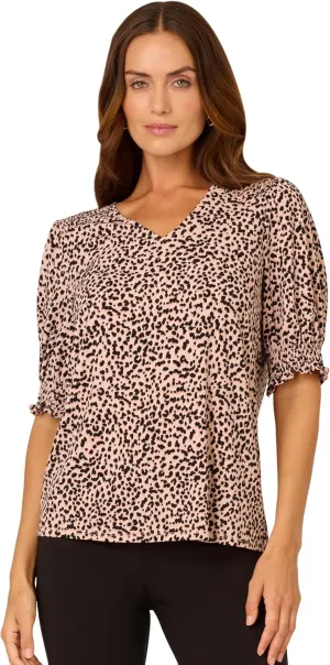 Adrianna Papell Women's Elbow Smocked Sleeve and Shoulder Printed Top