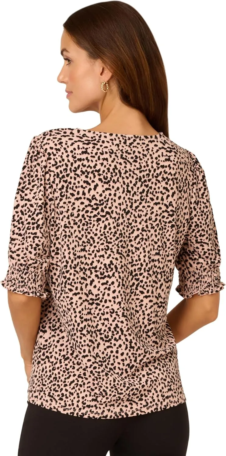 Adrianna Papell Women's Elbow Smocked Sleeve and Shoulder Printed Top
