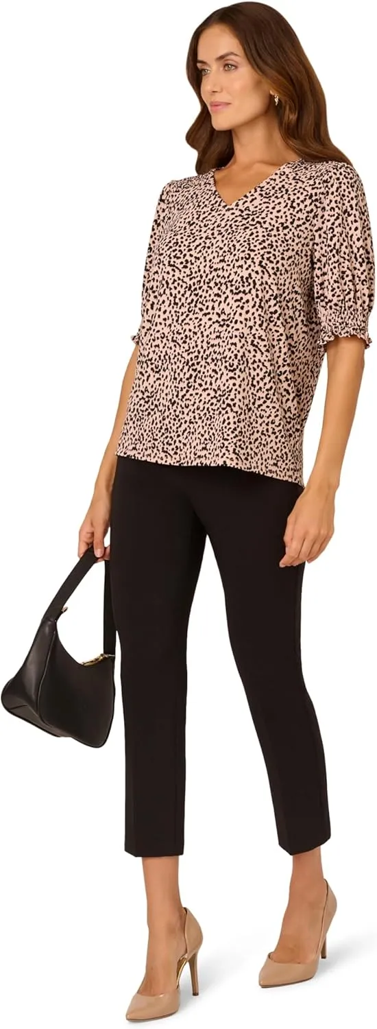 Adrianna Papell Women's Elbow Smocked Sleeve and Shoulder Printed Top