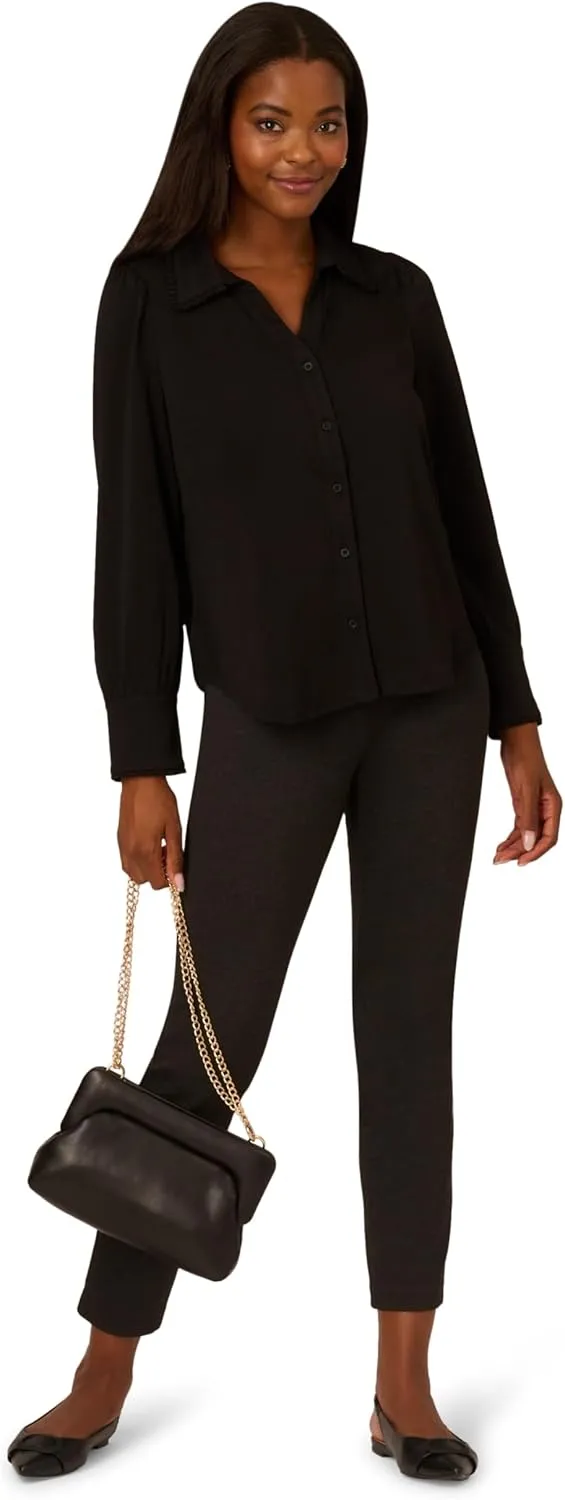 Adrianna Papell Women's Open V-Collar Ruffle Trim Knit Top with Long Puff Sleeves