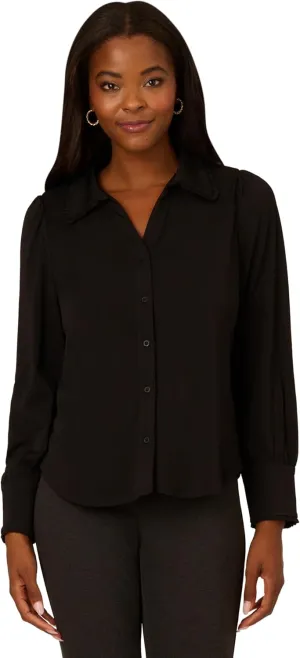 Adrianna Papell Women's Open V-Collar Ruffle Trim Knit Top with Long Puff Sleeves