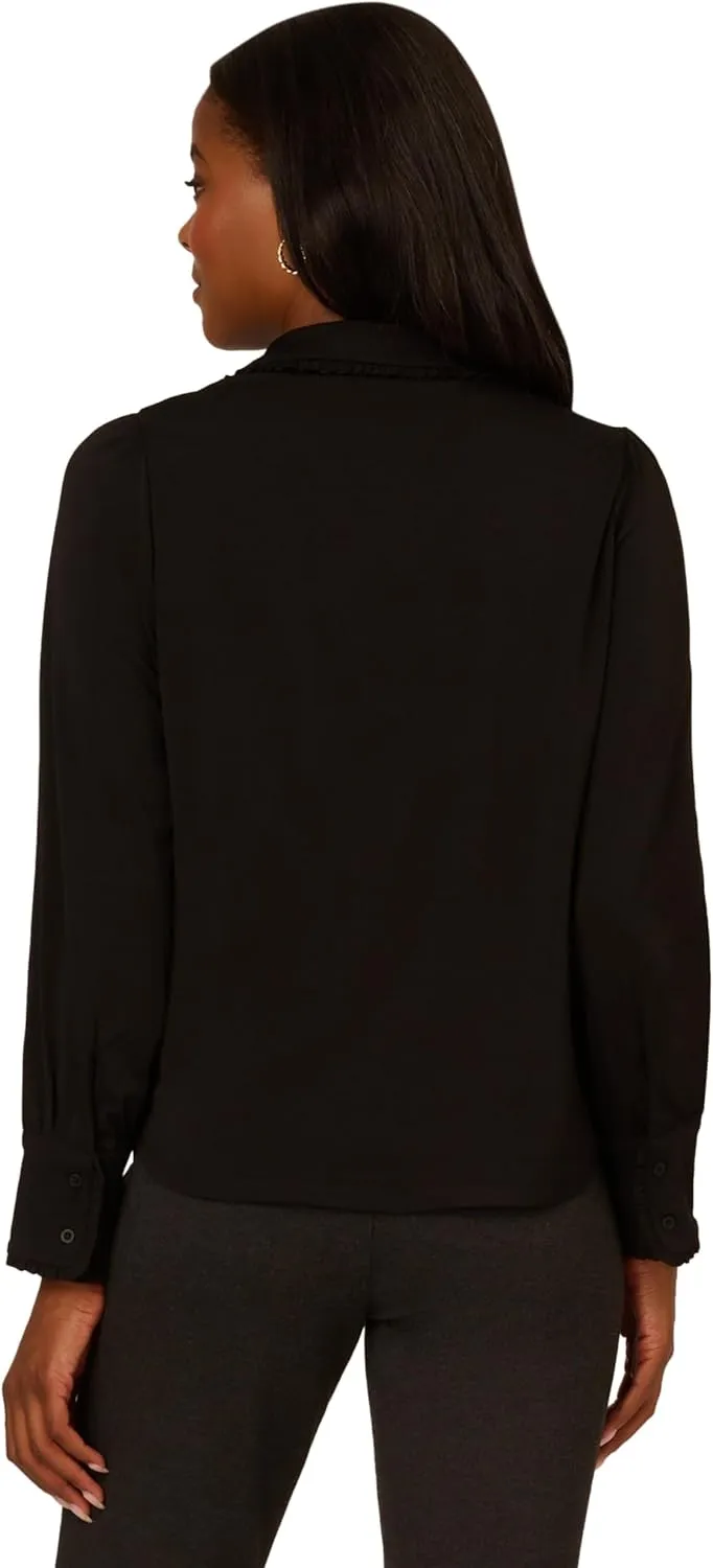 Adrianna Papell Women's Open V-Collar Ruffle Trim Knit Top with Long Puff Sleeves