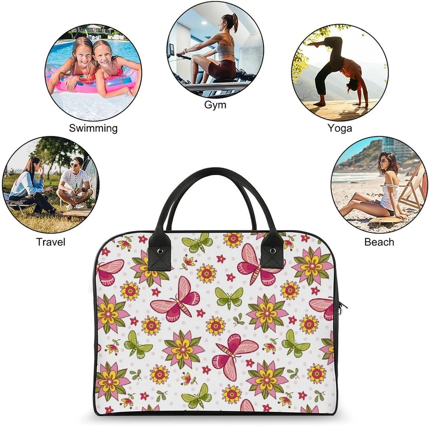 Adult High-capacity Nylon Pink Blue Florals Vintage Handbag for Touring 13" X 19" X 8"