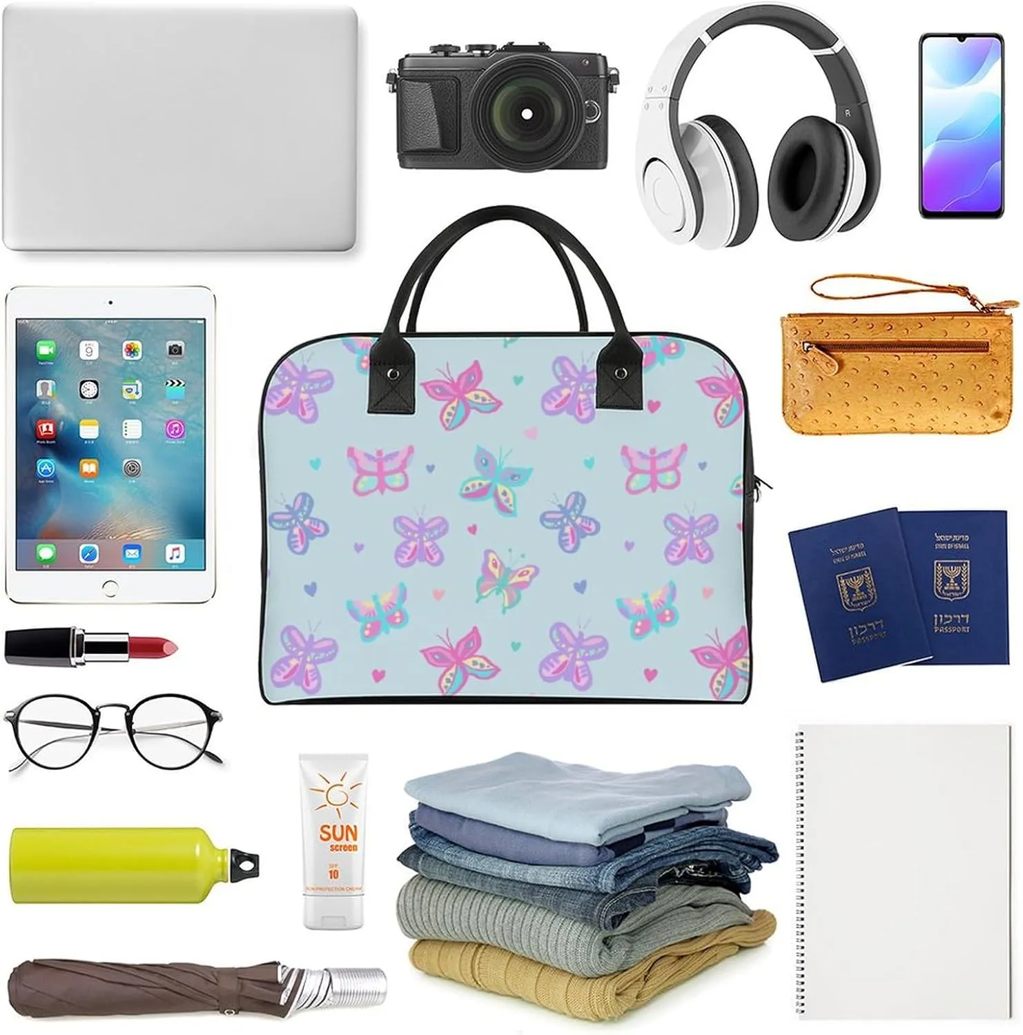 Adult Shoulder Nylon Colorful Butterfly Office Handbag for Travel 13" X 19" X 8"