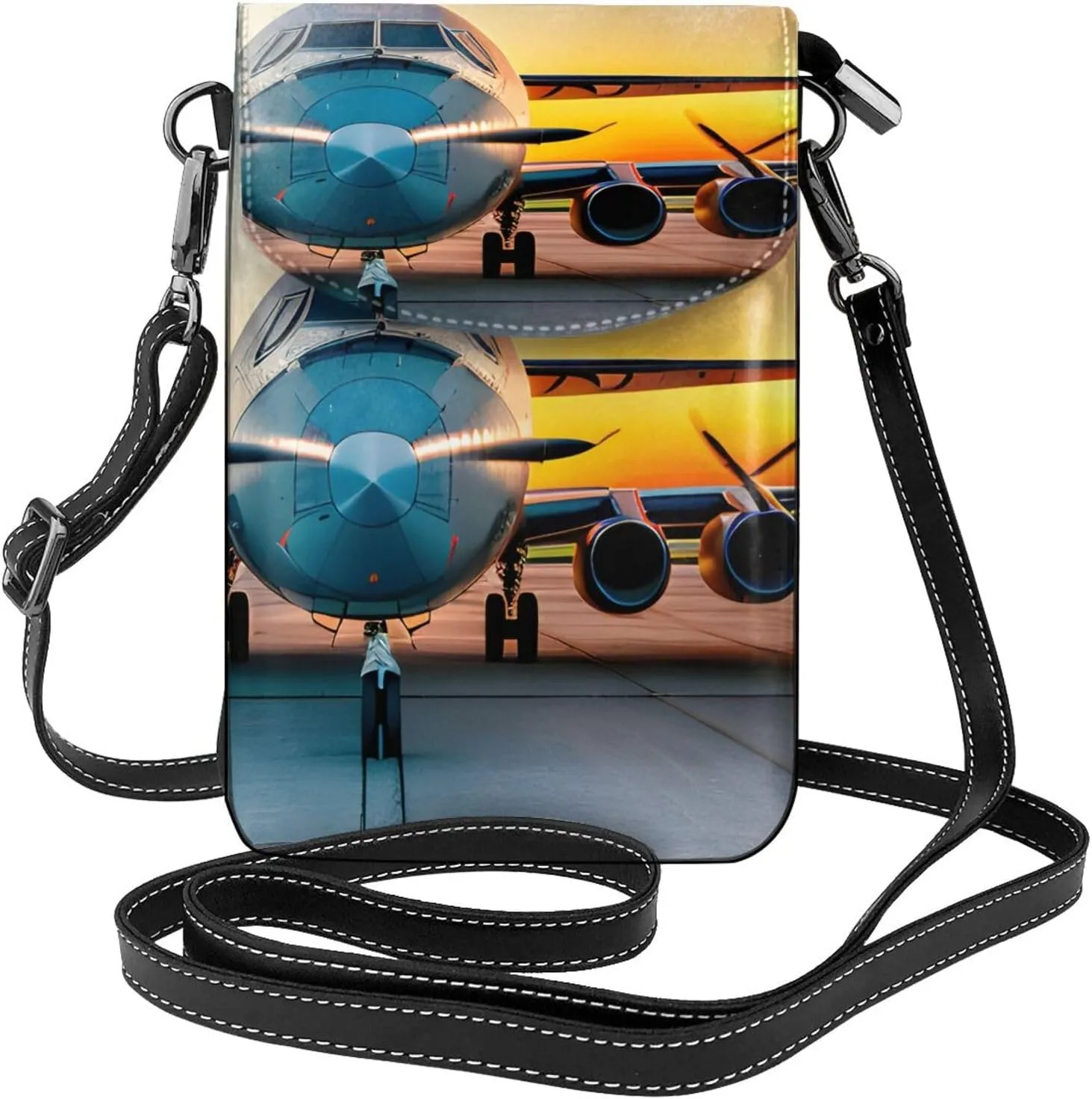 Aircraft Plane At Sunsets Print Small Cell Phone Leather Purse Adjustable Shoulder Rope Crossbody Bags For Women