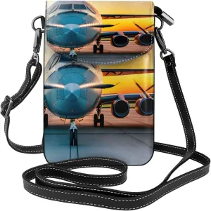Aircraft Plane At Sunsets Print Small Cell Phone Leather Purse Adjustable Shoulder Rope Crossbody Bags For Women