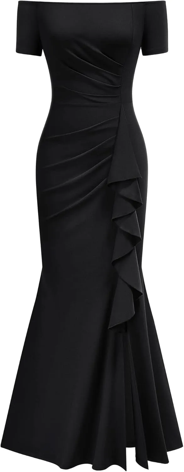 AISIZE Women's Elegant Off Shoulder Ruffle Formal Evening Long Dress