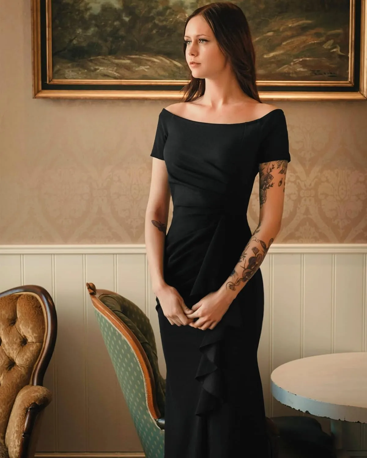 AISIZE Women's Elegant Off Shoulder Ruffle Formal Evening Long Dress
