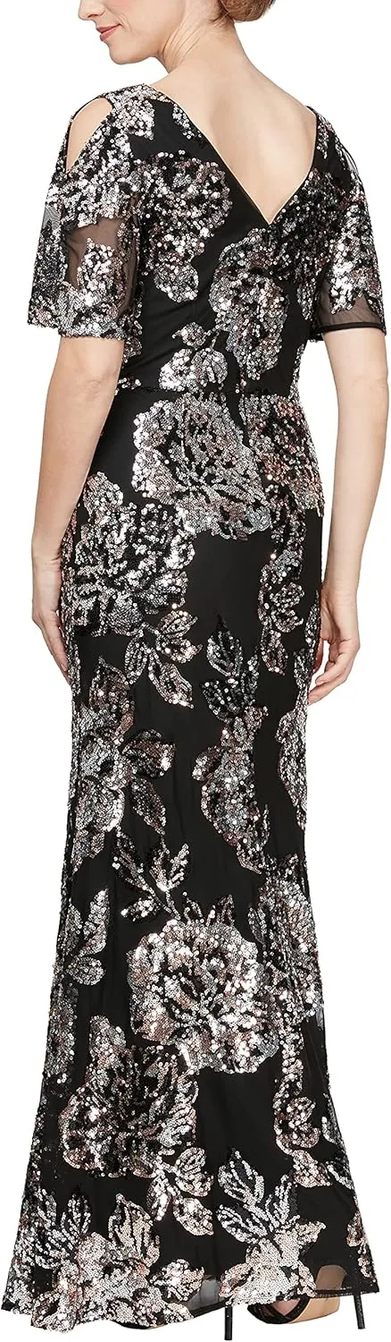 Alex Evenings Women's Long Mother of The Bride Sequin Dress with Cold Shoulder Flutter Sleeves (Petite and Regular Sizes)