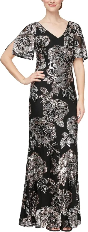 Alex Evenings Women's Long Mother of The Bride Sequin Dress with Cold Shoulder Flutter Sleeves (Petite and Regular Sizes)
