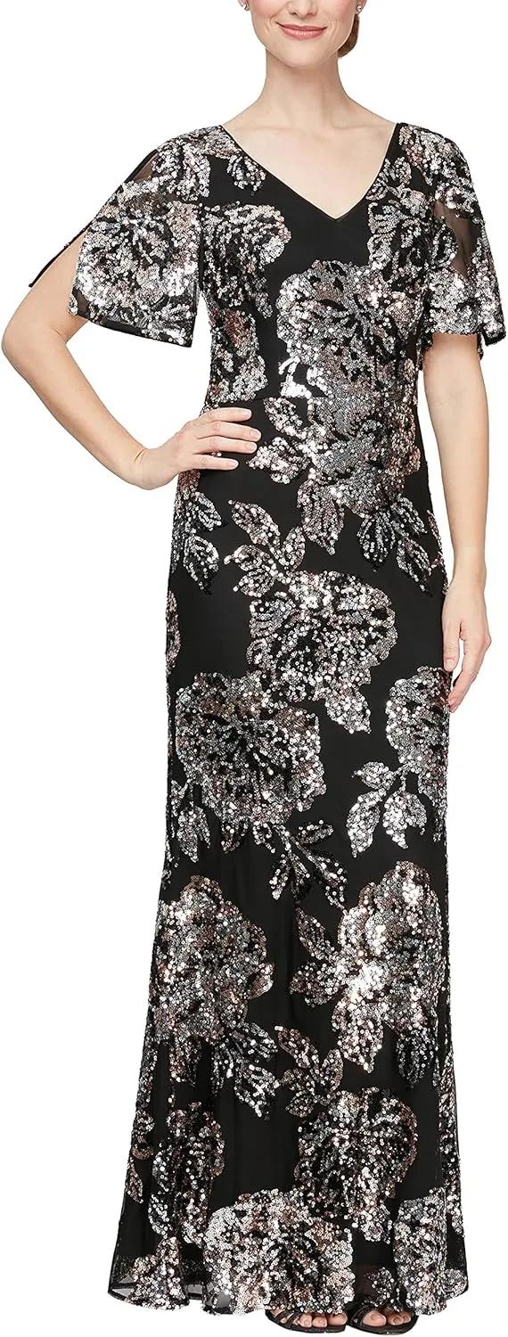 Alex Evenings Women's Long Mother of The Bride Sequin Dress with Cold Shoulder Flutter Sleeves (Petite and Regular Sizes)