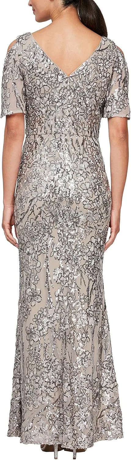 Alex Evenings Women's Long Mother of The Bride Sequin Dress with Cold Shoulder Flutter Sleeves (Petite and Regular Sizes)