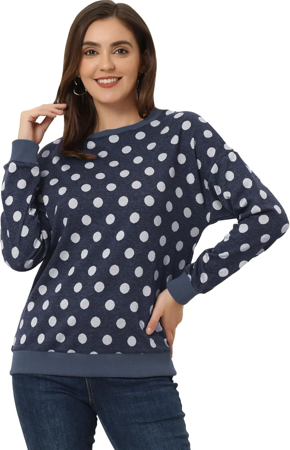 Allegra K Women's Winter Fall Casual Pullover Crewneck Long Sleeve Polka Dots Sweatshirt Sweater