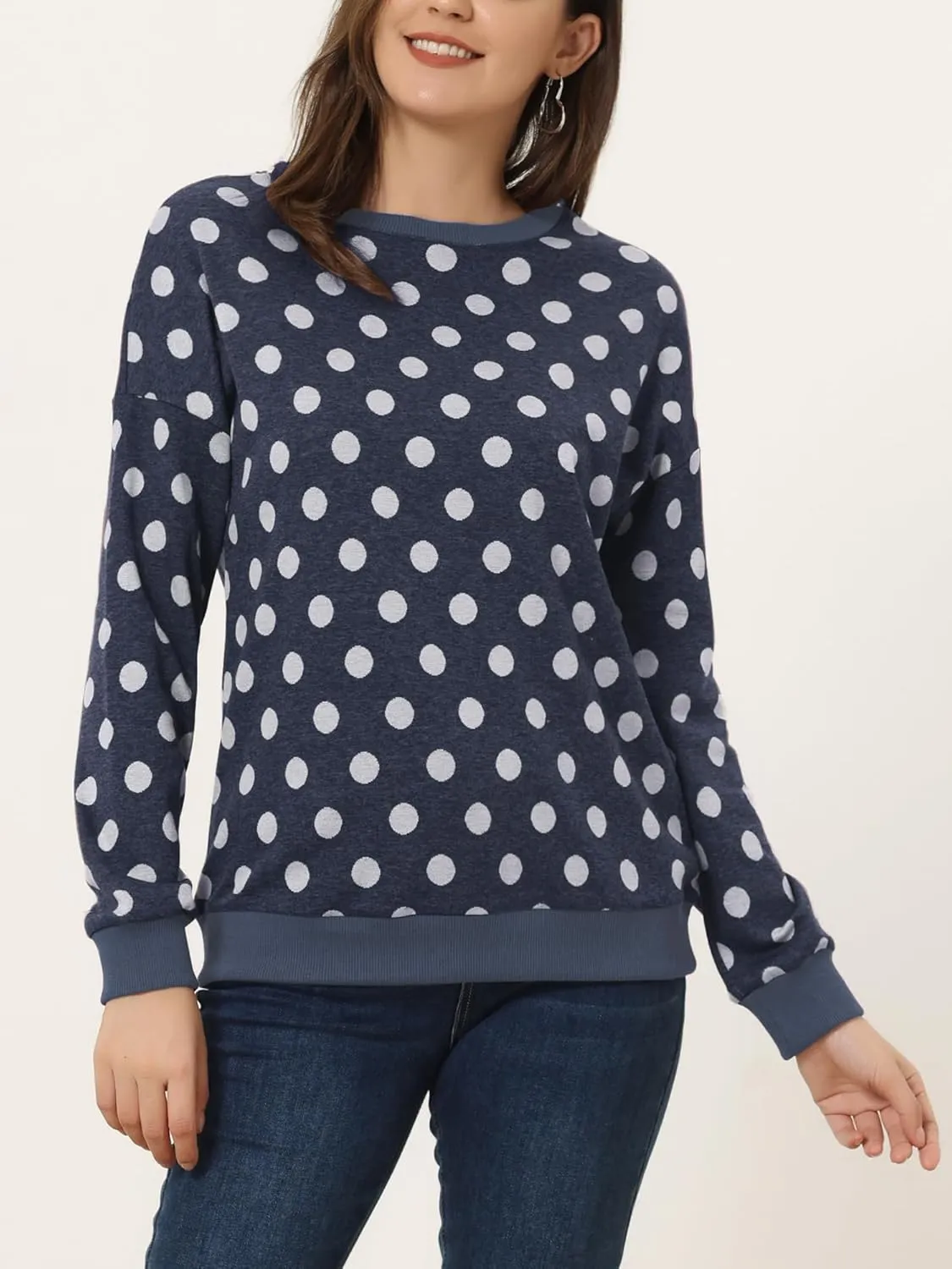 Allegra K Women's Winter Fall Casual Pullover Crewneck Long Sleeve Polka Dots Sweatshirt Sweater