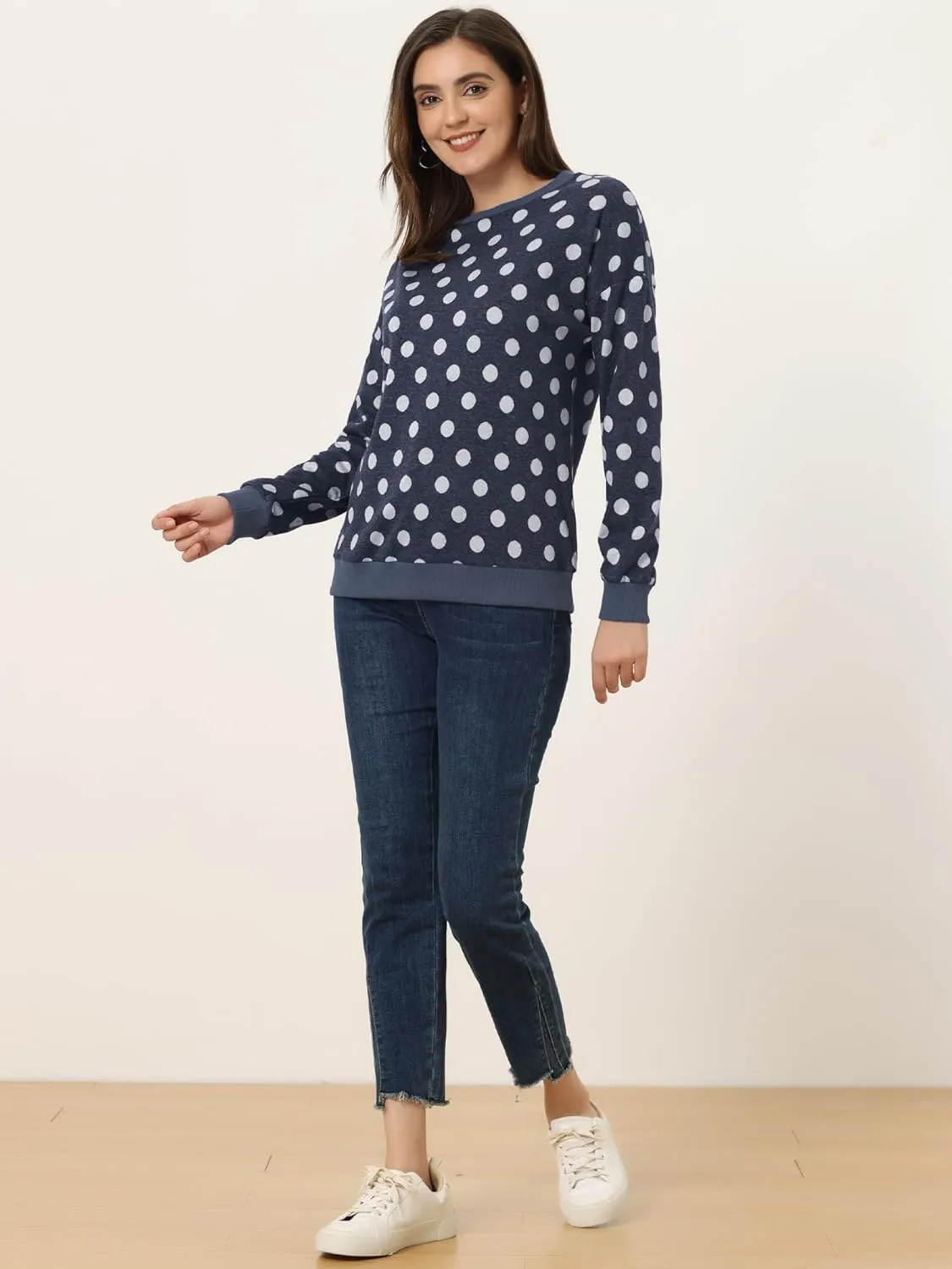 Allegra K Women's Winter Fall Casual Pullover Crewneck Long Sleeve Polka Dots Sweatshirt Sweater