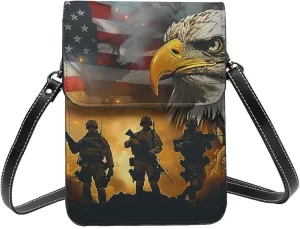 American Flag Bald Eagle Soldier Military Style Crossbody Cell Phone Purse For Women Teen Girls Leather Small Crossbody Bag Mini Phone Pouch Purse, 7.5x5.3 Inches