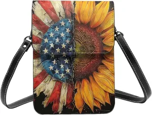 American Flag Sunflower Flower Stripes Yellow Flora Crossbody Cell Phone Purse For Women Teen Girls Leather Small Crossbody Bag Mini Phone Pouch Purse, 7.5x5.3 Inches
