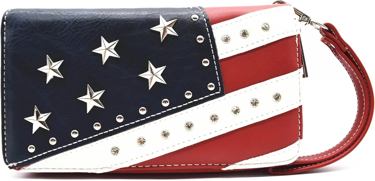 American Flag USA Stars and Stripes Patriotic Leather Purse Women Rhinestone Country Handbag Wallet Set Red White and Blue